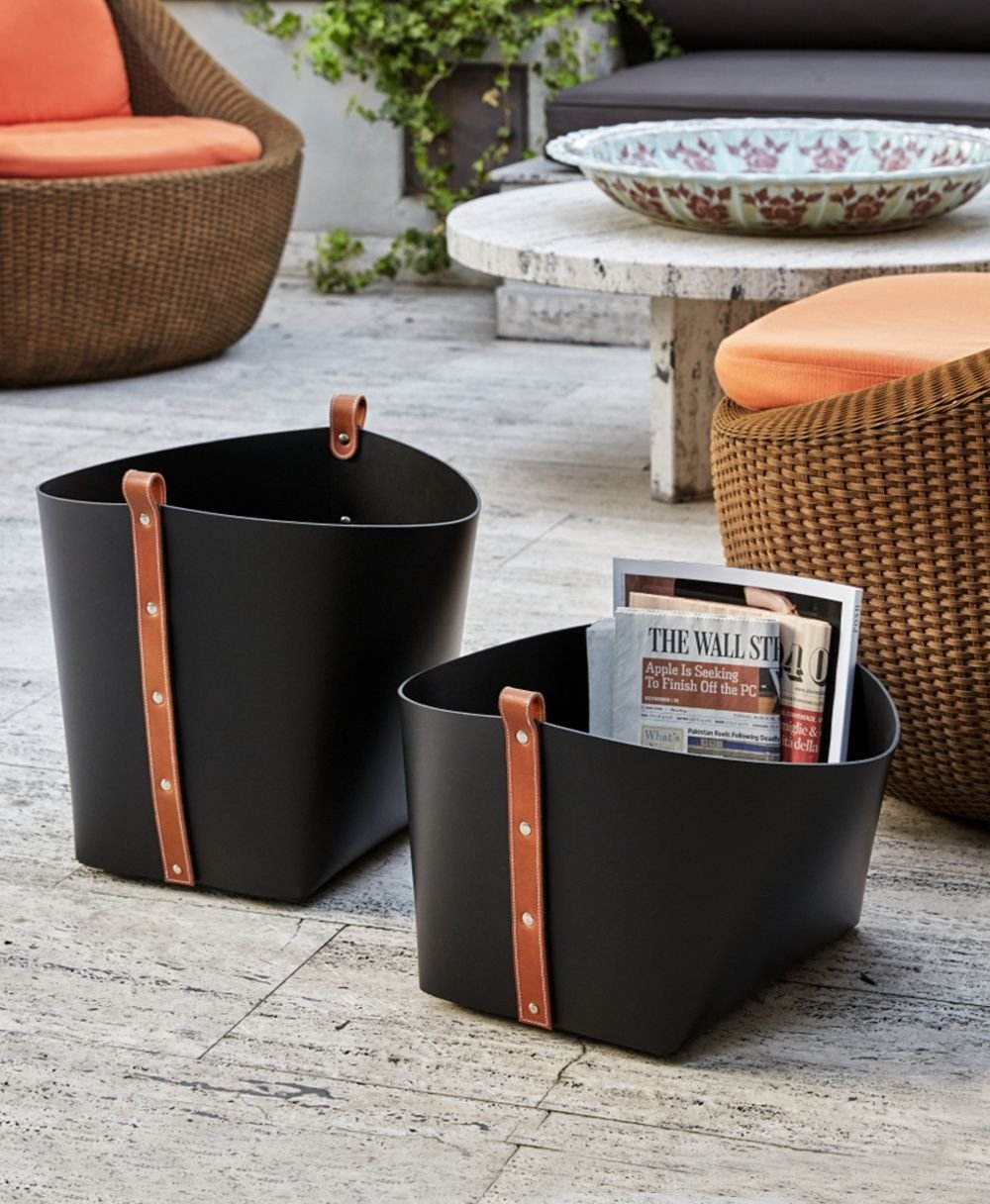 Leather Magazine Basket, Small - Black with Brown Strap