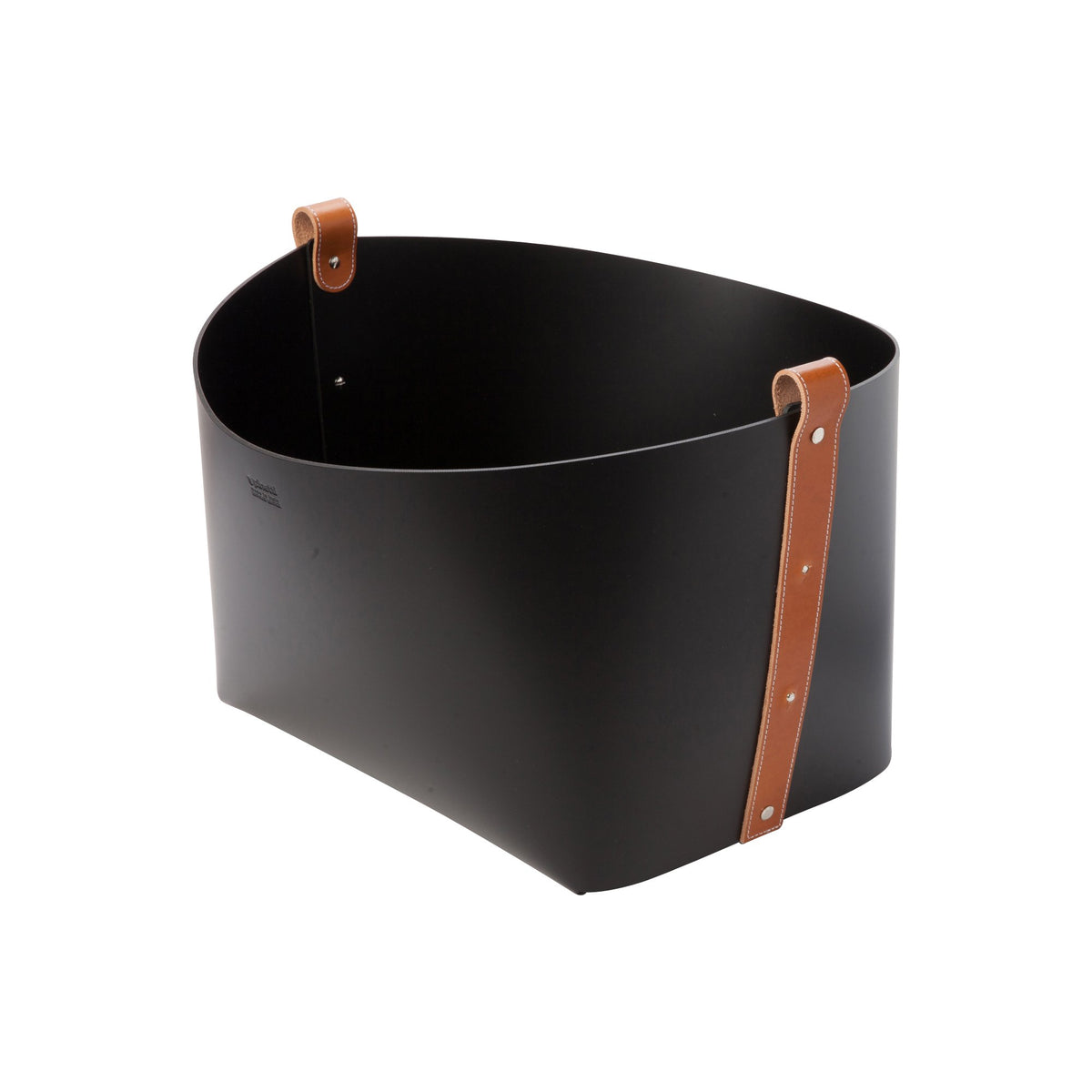 Leather Magazine Basket, Small - Black with Brown Strap