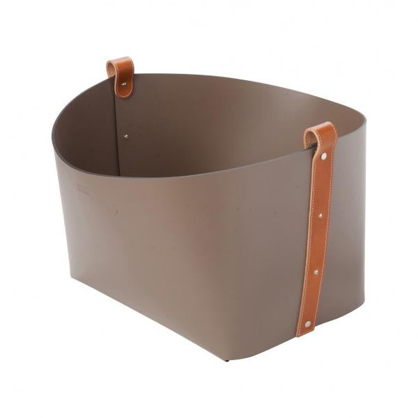 Leather Magazine Basket, Small - Taupe with Brown Strap