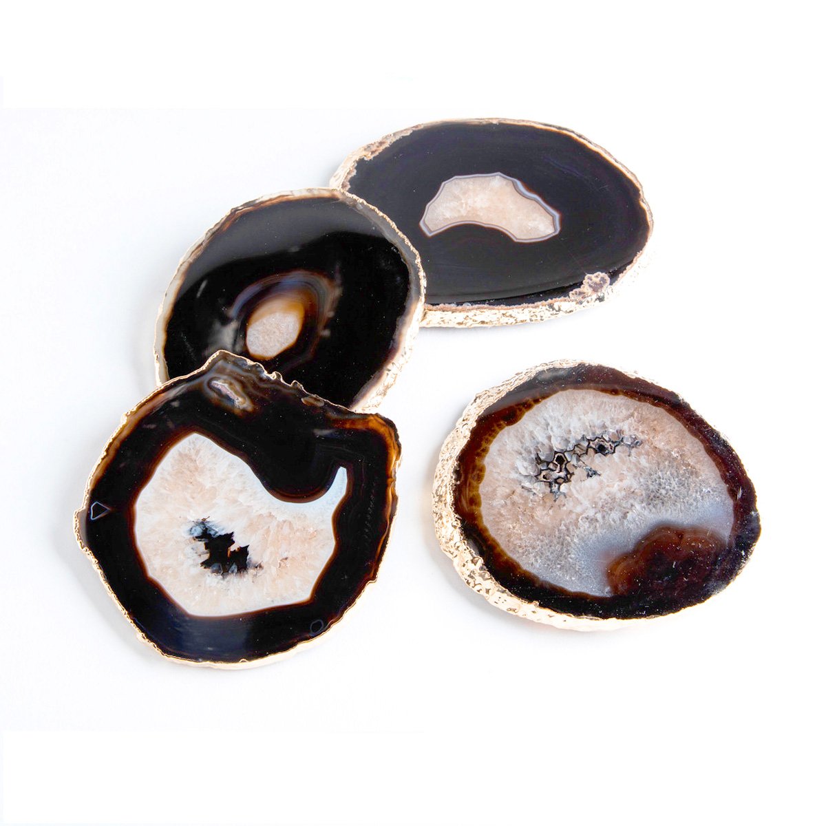 Set of 4 Black Agate Coasters With Silver
