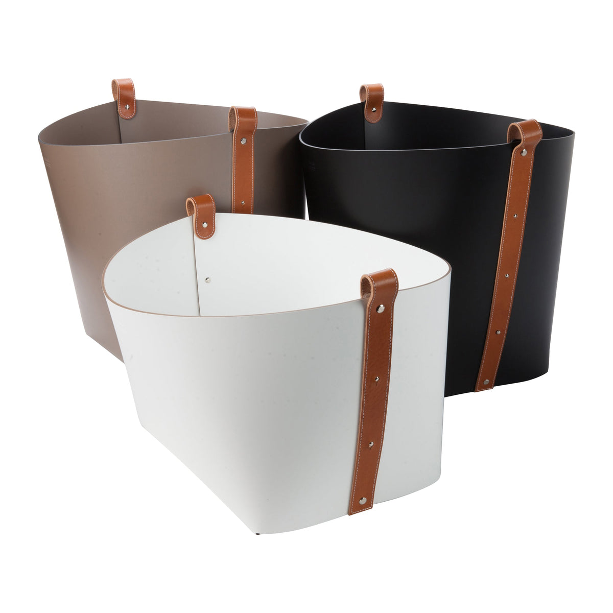 Large Leather Magazine Basket -Taupe with Brown Strap