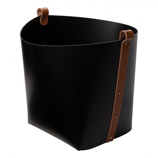 Large Leather Magazine Basket - Black with Brown Strap