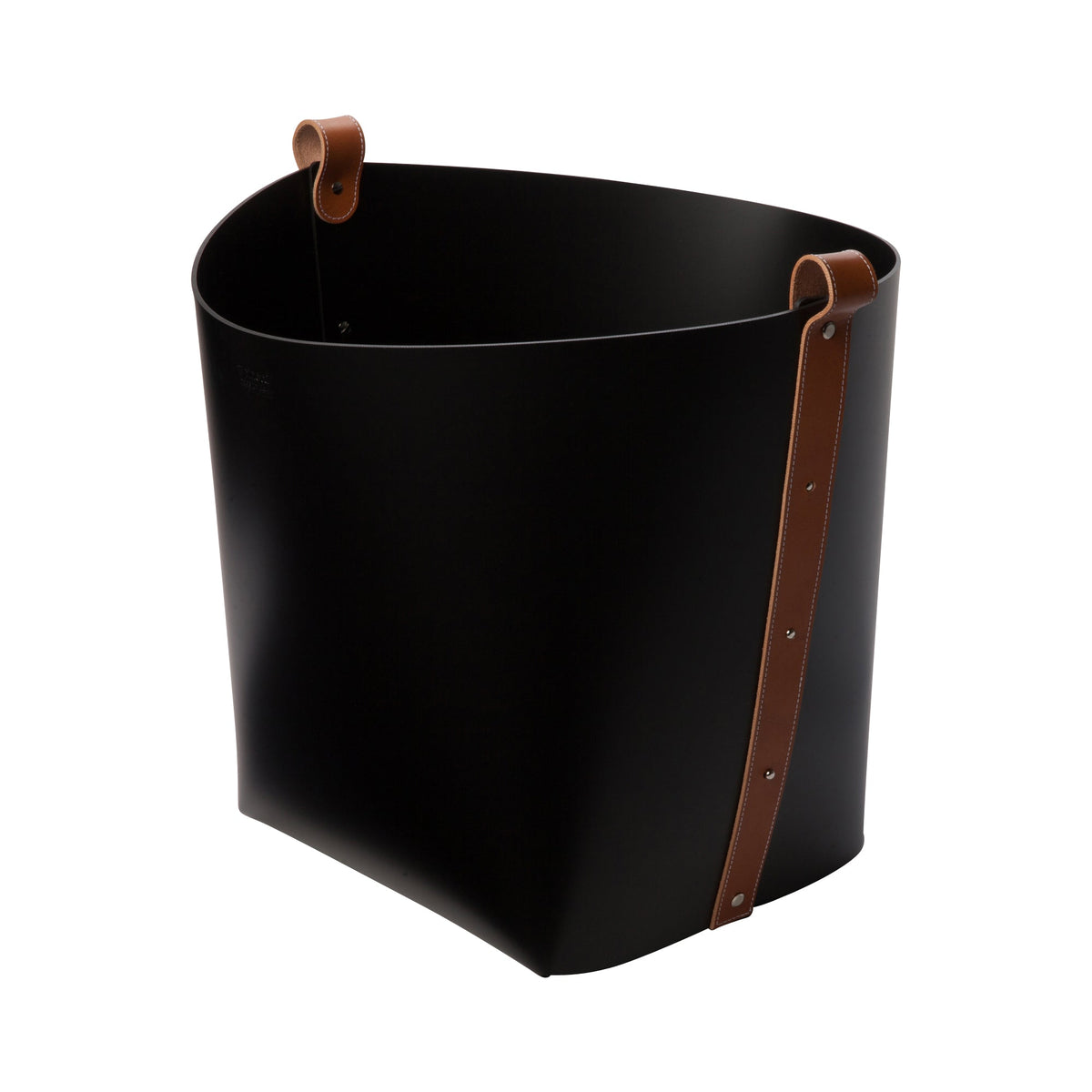 Large Leather Magazine Basket - Black with Brown Strap