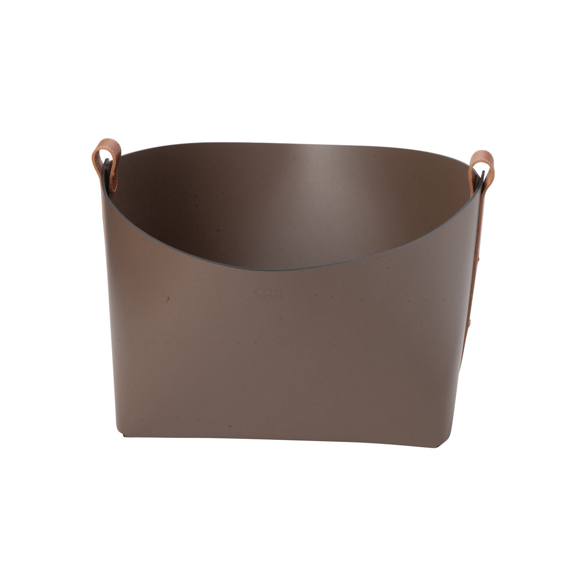 Leather Magazine Basket, Small - Taupe with Brown Strap