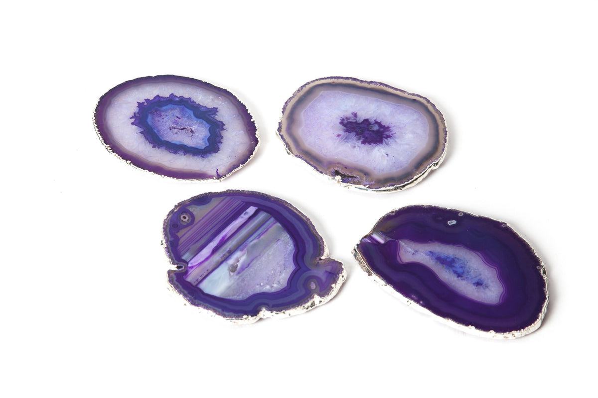Set of 4 Agate Purple Coasters with Platinum